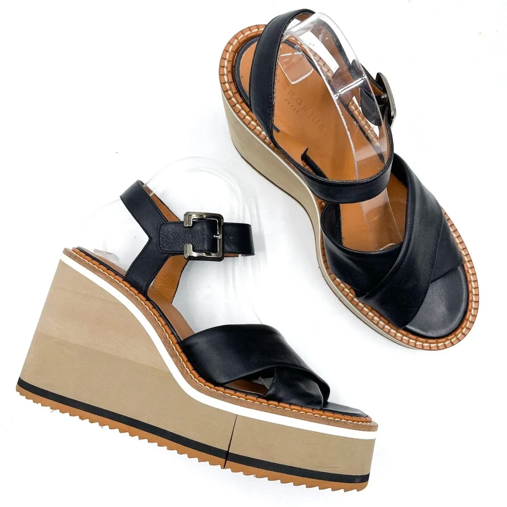 Clergerie Noemi Platform Wedge Sandals Black Leather Criss Cross‎ Sz 40.5 / 10